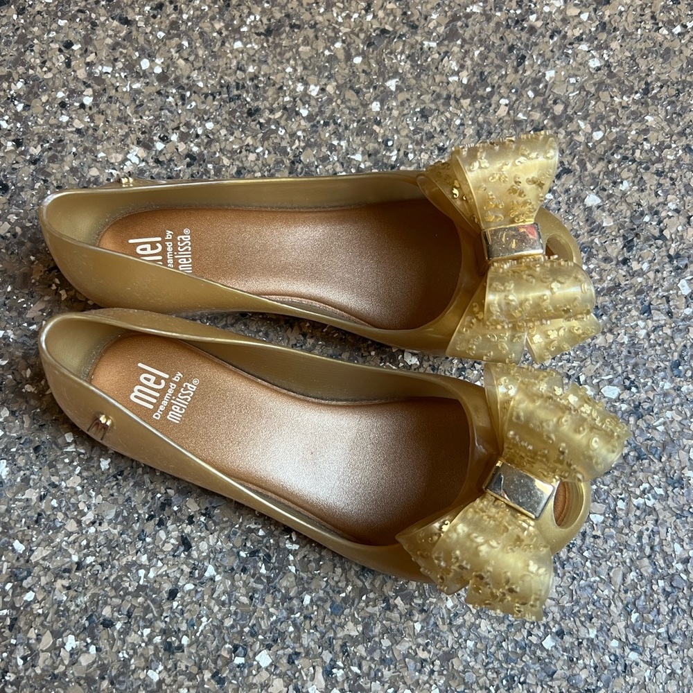 Mel by Melissa Metallic Gold Jelly Bow Flats Size 13